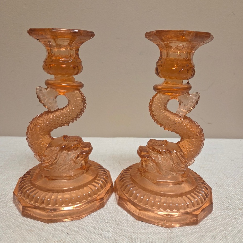 Vintage Pink Depression Glass Koi Fish Candlestick Holders Pair
